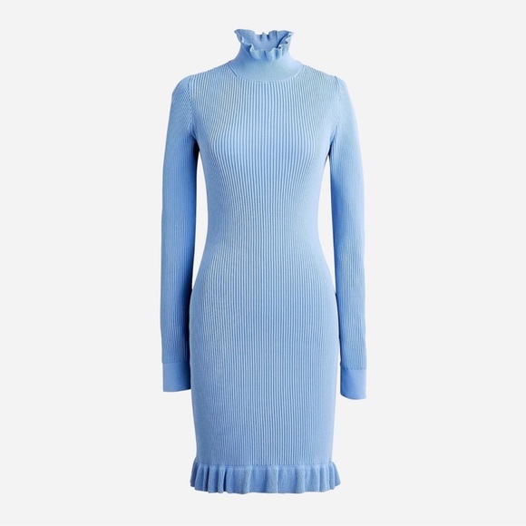 J. Crew Supersculpt Ruffle-Neck Mini Sweater Dress Pale Seascape Blue Womens LG - Picture 2 of 13